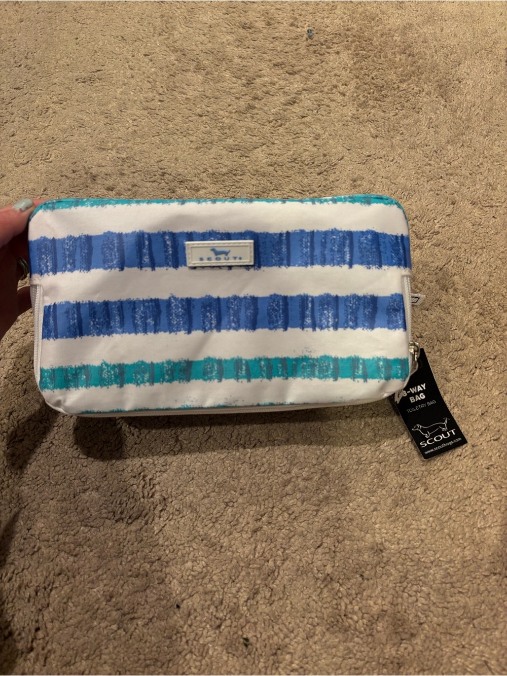 Scout White Cosmetic Pouch with Blue and Teal Stripes- 3 way bag